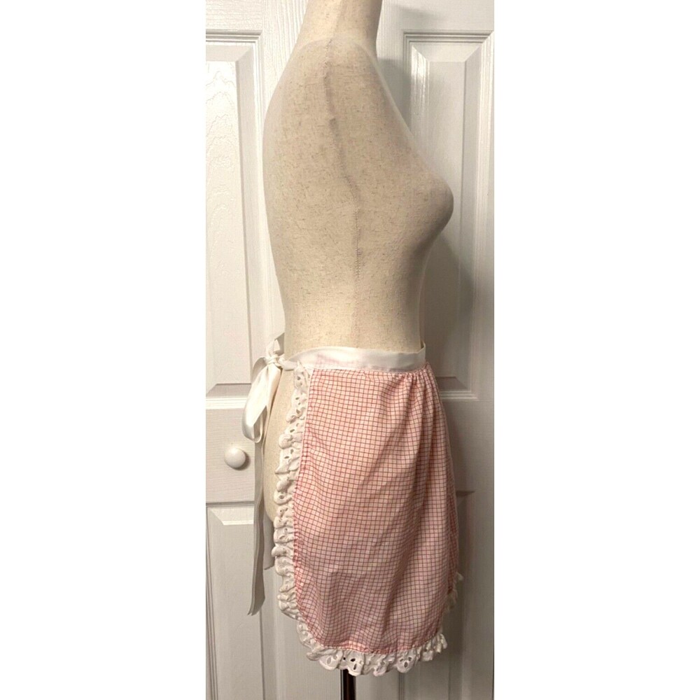 Vtg Handmade Half Apron Lace Red White Diner Pocket Ribbon Bow Cottagecore Chic - Picture 5 of 9
